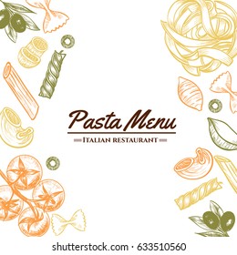 Italian pasta frame . Hand drawn vector illustration of an Italian pasta on a blackboard, sketch . Classic italian cuisine.