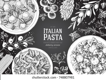 Italian pasta frame. Hand drawn vector illustration of an Italian pasta top view. Food design template. Farfalle, Penne and Spaghetti illustration. Classic italian cuisine. Engraved style