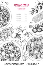 Italian pasta frame. Hand drawn vector illustration of an Italian pasta top view. Food design template. Farfalle, Penne and Spaghetti illustration. Classic italian cuisine. Engraved style