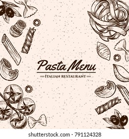Italian pasta frame . Hand drawn vector illustration of an Italian pasta on a blackboard, sketch . Classic italian cuisine.