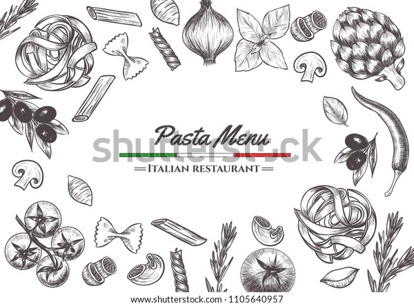 Italian
pasta frame . Hand drawn vector illustration of an Italian pasta on
a blackboard, sketch . Classic italian
cuisine.