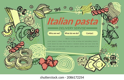Italian pasta in a frame. Hand-drawn vector illustration in doodle style. Italian pasta products. Food service design template, website, flyer. Illustration of farfalle, penne and spaghetti. 