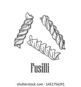 Italian pasta fusilli. Hand drawn sketch style illustration of traditional italian food. Best for menu designs and packaging. Vector drawing isolated on white background.