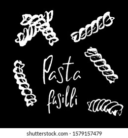 Italian pasta Fusilli white chalk vector illustration on black background. Simple food recipe. Restaurant menu course. Pasta shape drawing. Pasta italiana on chalkboard. Tasty meal ingredient