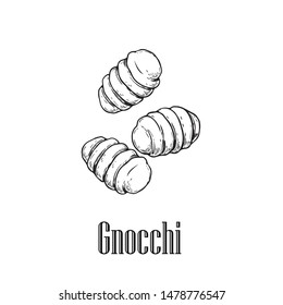 Italian pasta Gnocchi. Home made pasta. Hand drawn sketch style illustration of traditional italian food. Best for menu designs and packaging. Vector drawing isolated on white background.