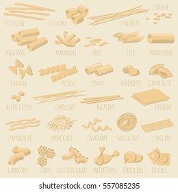 Guía de la pasta italiana, colección de formas y tipos. Ilustración vectorial, conjunto de elementos de diseño del menú del icono del vector de diseño plano.