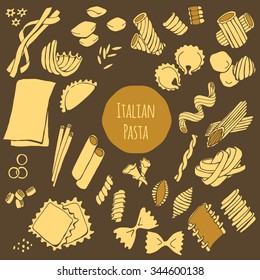 Italian pasta, hand drawn vector set isolated on dark background