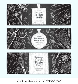 Italian pasta horizontal banner set. Hand drawn vector illustration. Collection of pasta different types. Italian food design template. Engraved sketch style.