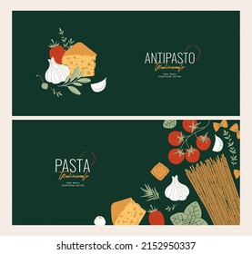 Italian pasta horizontal design templates. Spaghetti and ingredients. Vector illustration