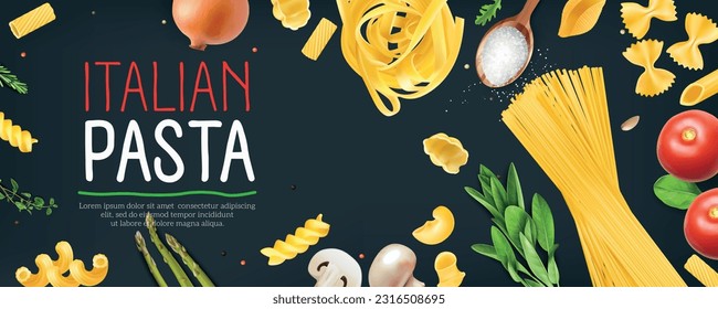 Italian pasta horizontal poster with realistic ingredients on dark background vector illustration