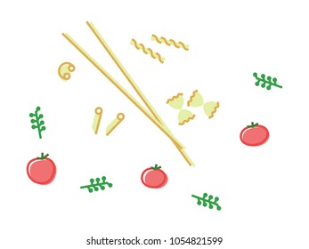 Italian pasta icons set. Fusilli, farfalle, penne rigate, pipe rigate, spaghetti, tomatoes, herbs. Isolated line art style illustration on white background.
