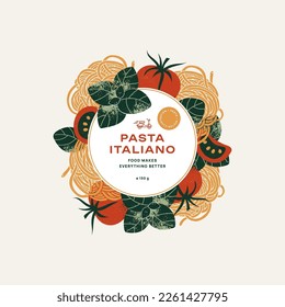 Italienische Pasta-Zutaten runden die Zusammensetzung ab. Spagetti und Tomatenhintergrund. Vintage-Stil. Vektorgrafik.