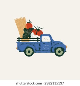 Italian pasta ingredients. Delivery colored design template. Classic vintage pickup truck with food.