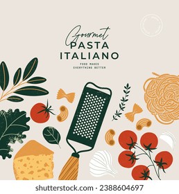 Italian pasta ingredients design template. Grater with tomato and pasta with garlic