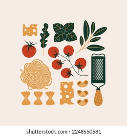 Italian pasta ingredients. Food textured composition. Vector illustration.