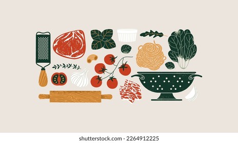 Italian pasta ingredients. Food textured horizontal composition. Vector illustration.