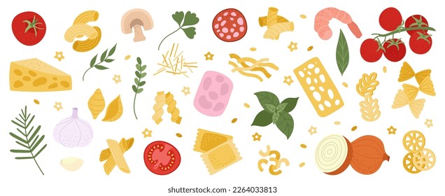 Italian pasta ingredients, mediterranean spaghetti cooking. Italy food doodles, fresh shrimps, tomatoes, cheese. Healthy cuisine decent vector set