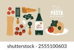 Italian pasta ingredients. Plate with spaghetti. Food design template