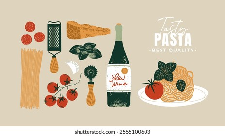 Italian pasta ingredients. Plate with spaghetti. Food design template