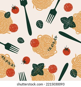 Italian pasta ingredients seamless pattern. Spaghetti and tomato meatballs. Food textured composition. Vector illustration.