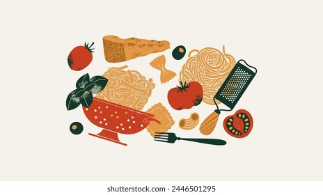 Italian pasta ingredients. Spaghetti and fettuccine with parmesan and tomatoes. Vintage style