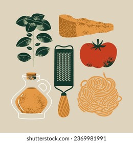 Italian pasta ingredients. Spaghetti and parmesan cheese with tomato and basil. Food textured composition.