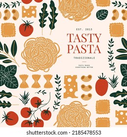 Italian pasta ingredients. Spaghetti and ravioli background. Food design template. Vector illustration.