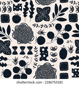 Italian pasta ingredients. Spaghetti and ravioli silhouette background. Food seamless pattern. Vector illustration.