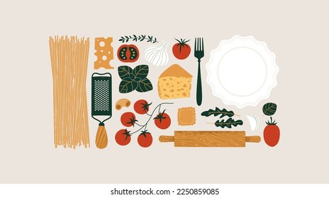 Italian pasta ingredients. Spaghetti and ravioli background. Food textured horizontal composition. Vector illustration