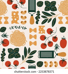 Italian pasta ingredients. Spaghetti and ravioli background. Food seamless pattern. Vector illustration