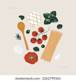 Ingredientes de pasta italiana. Receta de espagueti. Composición texturada de alimentos. Ilustración del vector