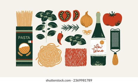 Italian pasta ingredients. Tomato with spaghetti and wine with onion. Vintage style