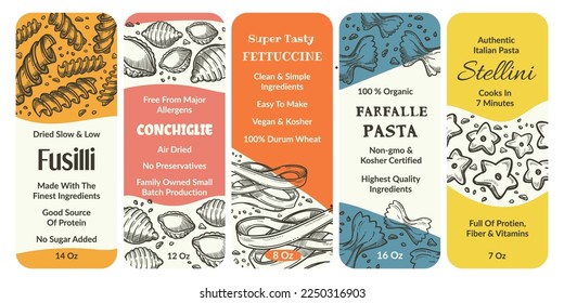 Italian pasta label set, product package design. Tag emblem collection with hand drawn fusilli, conchiglie, fettuccine, farfalle and stellini. Natural food nutrition badge with sketch element