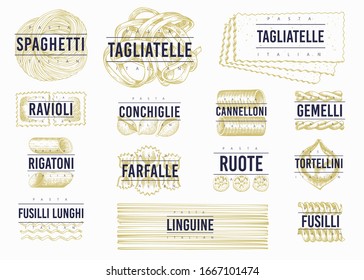 Italian pasta labels template set. Hand drawn vector food illustration. Engraved style. Retro pasta different kinds.