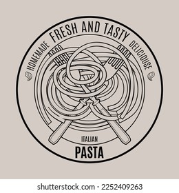 Italian pasta logo design template with hand drawn sketch of traditional product for cafe and restaurant menu, sign, logo, stickers or food packaging. Vintage style outline illustration.