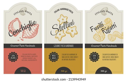 Italian pasta and macaroni labels for packages, cooking authentic dishes. Emblems with organic and natural ingredients, homemade ingredients for nutritious breakfast or meal. Vector in flat style