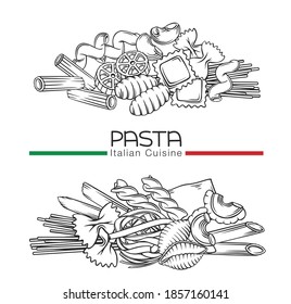 Italian pasta macaroni outline banners, hand drawn vector sketch illustration in retro style isolated on white for design restaurant of italian cuisine. Farfalle, conchiglie, rotelle, tortiglioni, etc