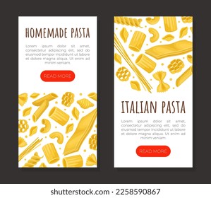 Italian pasta mobile app template. Italian cuisine food, dry macaroni of various shapes landing page, website cartoon vector