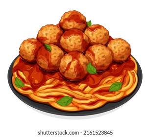 Italian pasta noodles with meatballs and sauce. Italian noodles food recipes. Meatballs pasta spaghetti noodles menu close up illustration vector.