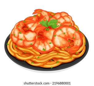 Italian pasta noodles with shrimp (prawn). Italian noodles food recipes. Seafood pasta spaghetti noodles menu close up illustration vector.