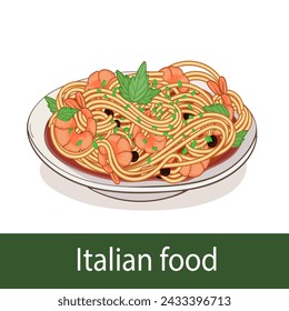 Italian pasta noodles with shrimp. Seafood pasta spaghetti noodles menu close up illustration vector.