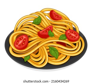 Italian pasta noodles and tomato   basil  Italian noodles food recipes  Vegan pasta spaghetti noodles menu close up illustration vector 