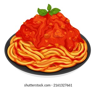 Italian pasta noodles with tomato sauce. Italian noodles food recipes. Red pasta spaghetti noodles menu close up illustration vector.