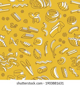 Italian pasta and noodles types. Seamless pattern on yellow background.