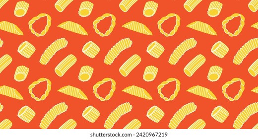 Italian pasta on red background. Horizontal seamless pattern. Modern prints for menu design, cookbooks, fabric, etc.