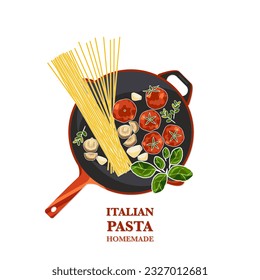 Italian pasta in a pan Spaghetti ingredients, tomatoes, mushrooms, garlic, green leafy vegetables, Italian food. white background illustration.