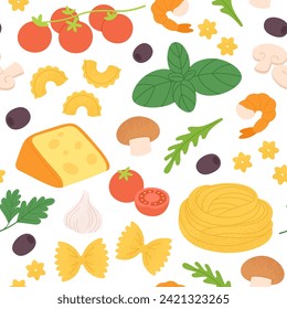 Italian pasta pattern. Fresh raw ingredients, food for prepare noodle or pizza. Cheese and vegetables, green and olive. Racy fabric print vector template