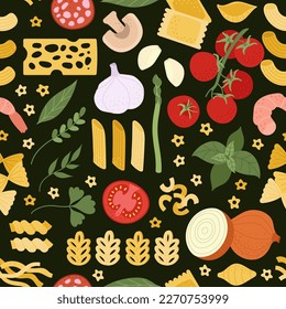 Italian pasta pattern. Gourmet italian cooking ingredients, spaghetti, macaroni, tomato. Restaurant cuisine food print, kitchen textile decent vector seamless template