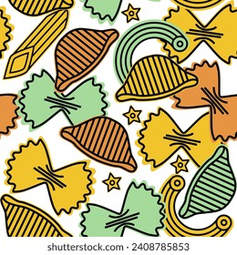 Italian pasta pattern. Hand drawn seamless background with sketch style farfalle pasta, and macaroni. llustration for cover design, food package, menu, background