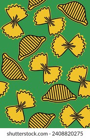 Italienisches Pasta-Muster. Handgezeichnet, nahtloser Hintergrund mit Farfalle-Nudeln im Skizzenstil und Makkaroni. Beschreibung für Cover-Design, Lebensmittelpaket, Menü, Hintergrund